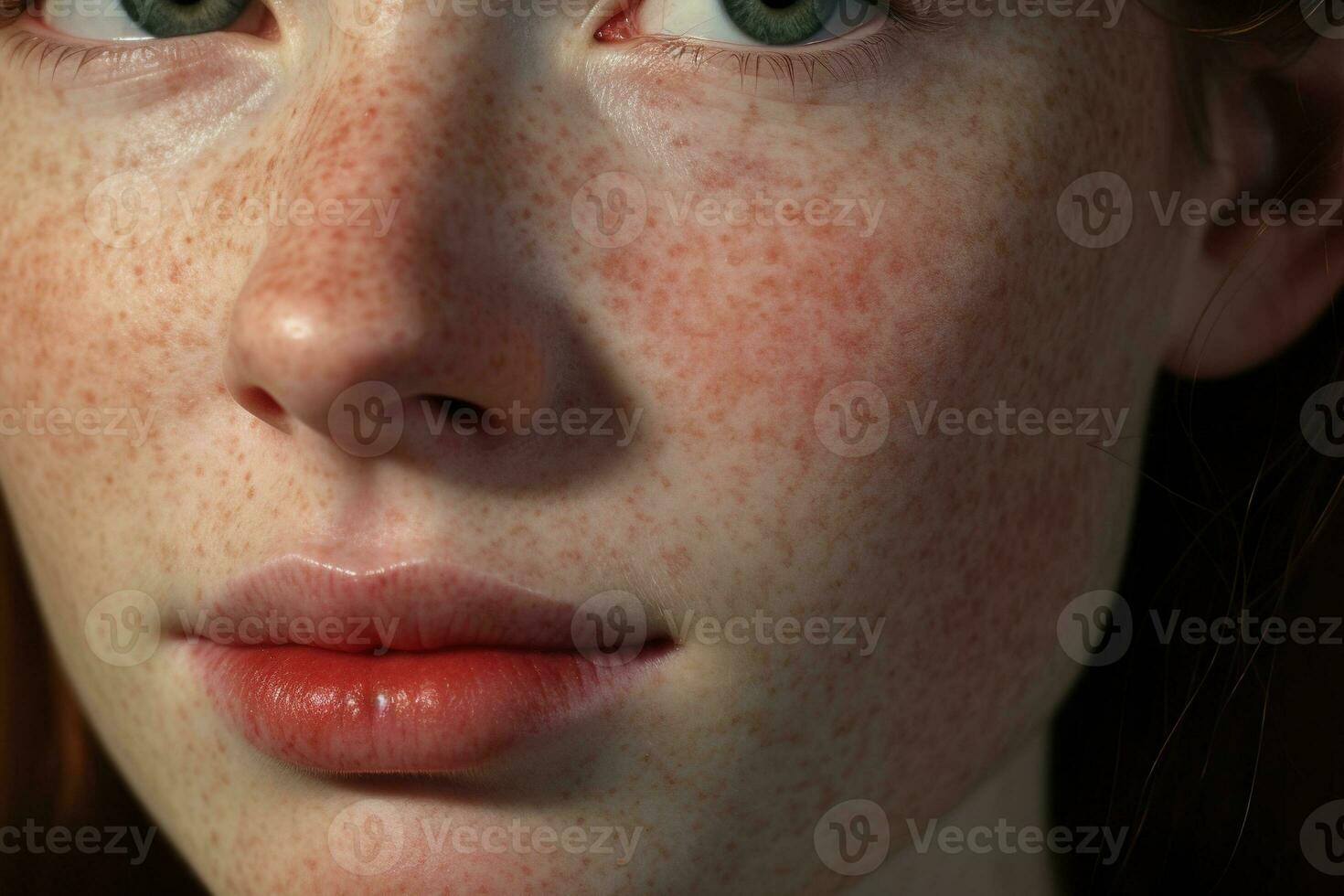 a close up of a woman with freckles AI generated photo