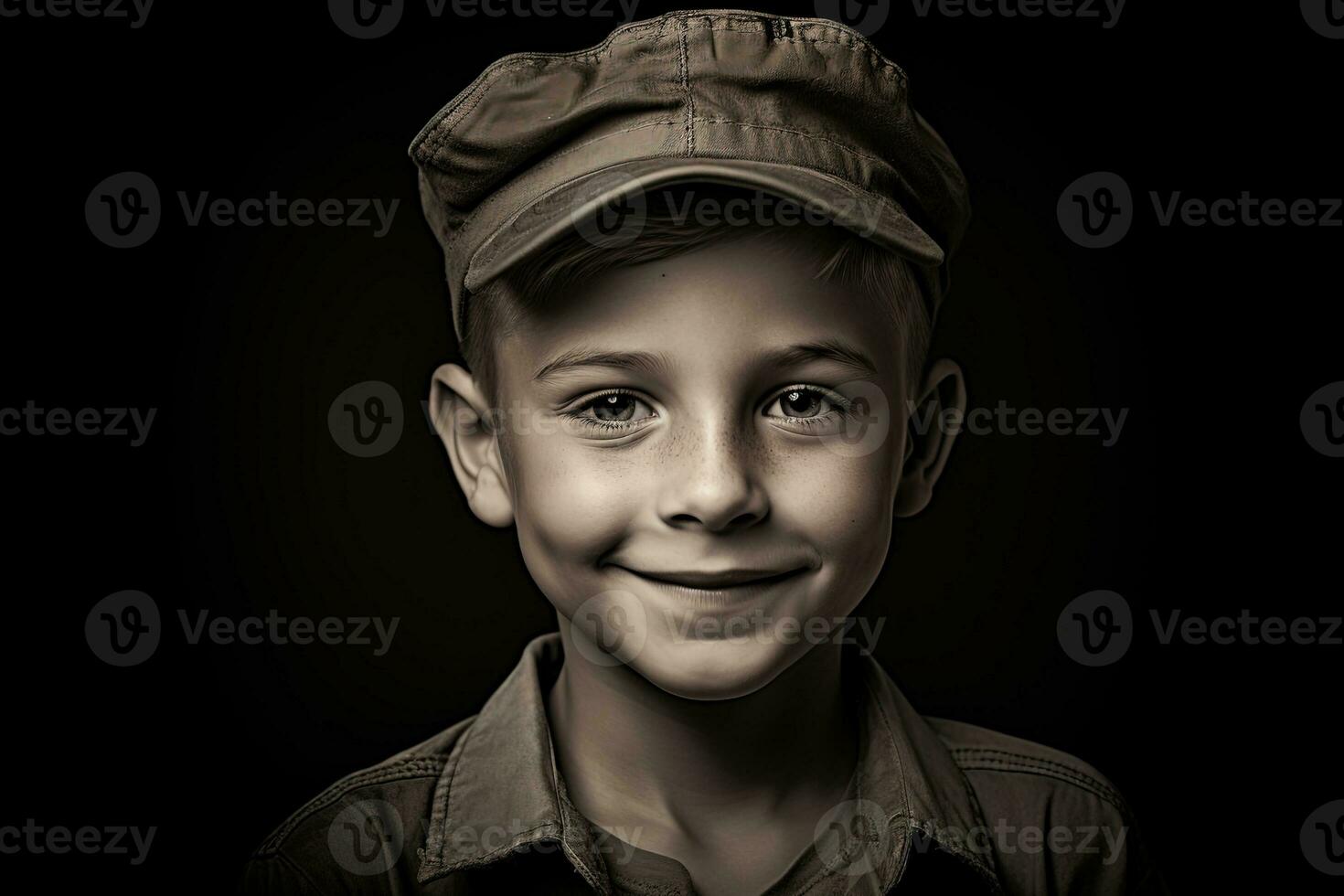 Portrait of a cute little boy in military uniform on dark background AI Generated photo