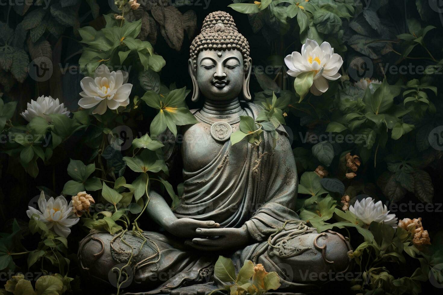 Buddha statue with lotus flower and green leaves background AI Generated photo