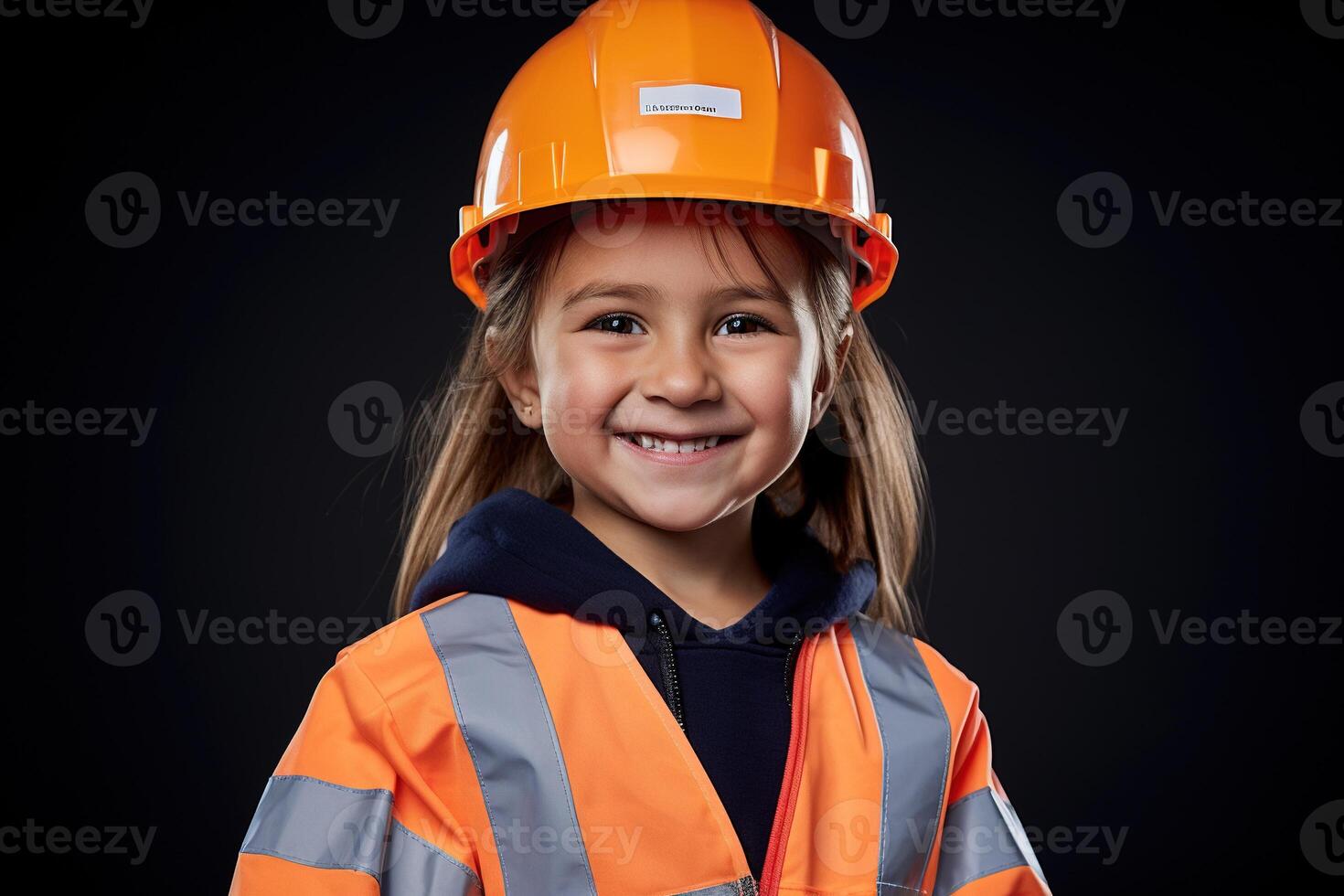 Portrait of a smiling little girl in a construction helmet photo