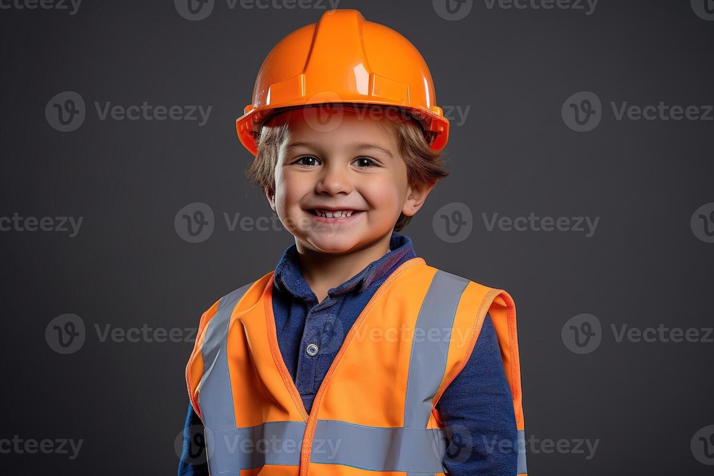 retrato de un linda pequeño chico en un construcción casco ai generado foto