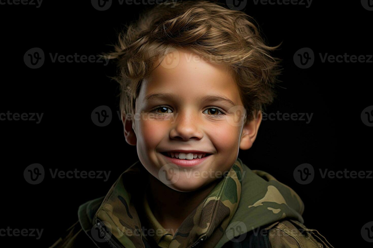 Portrait of a cute little boy in military uniform on dark background AI Generated photo