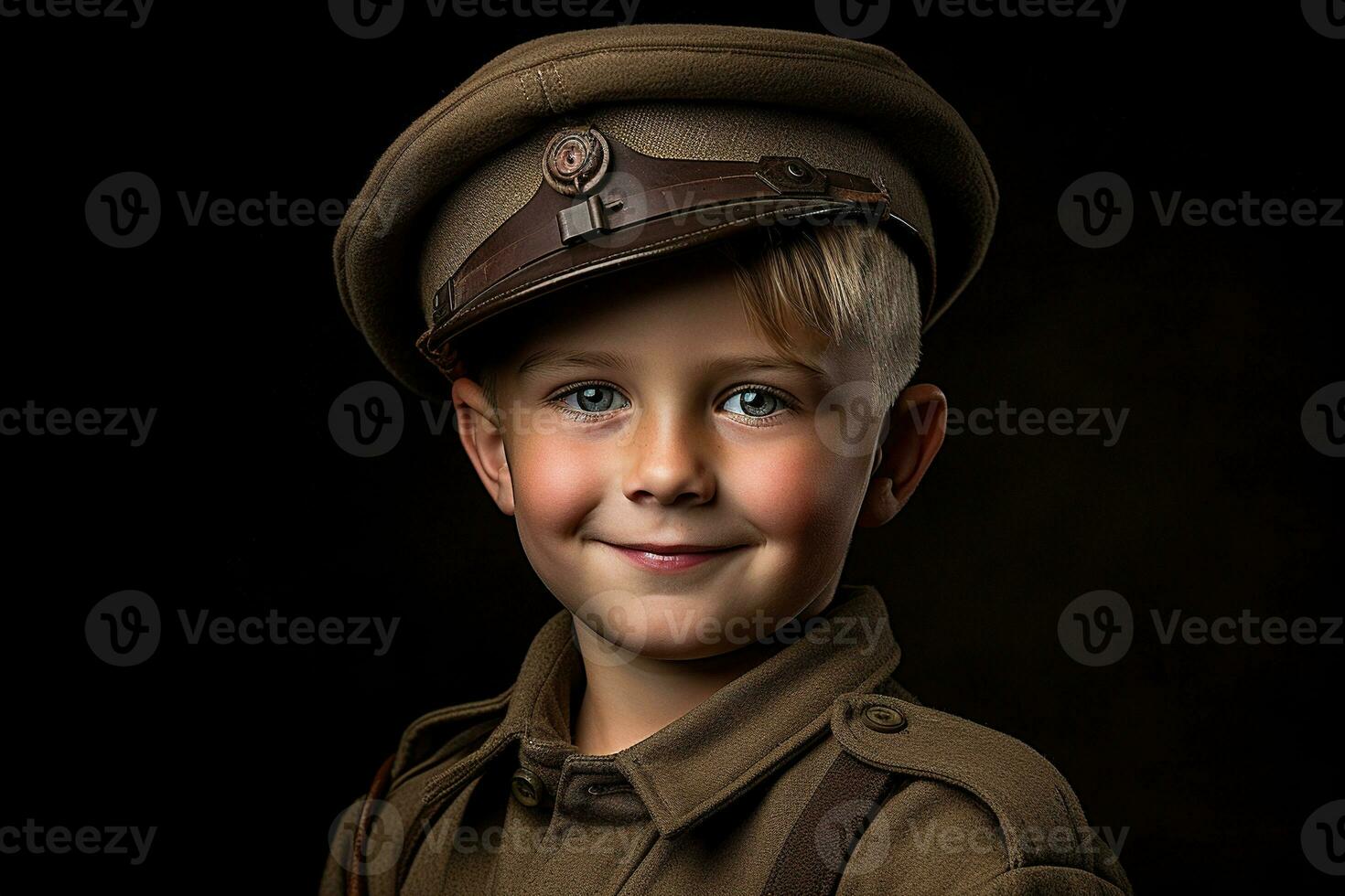 retrato de un linda pequeño chico en militar uniforme en oscuro antecedentes ai generado foto