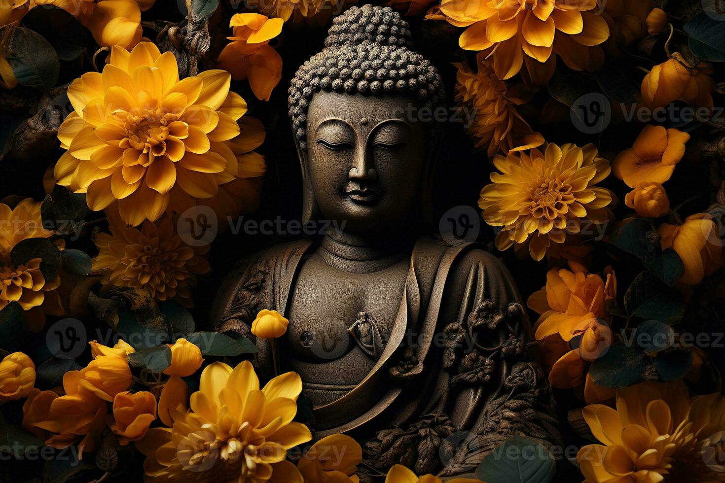 a golden buddha statue surrounded by flowers AI Generated photo