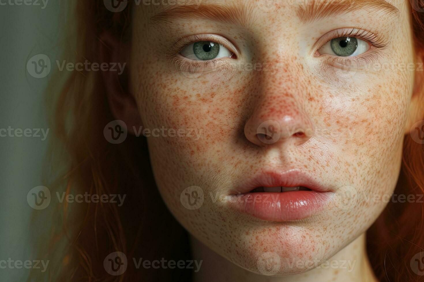 a close up of a woman with freckles AI generated photo