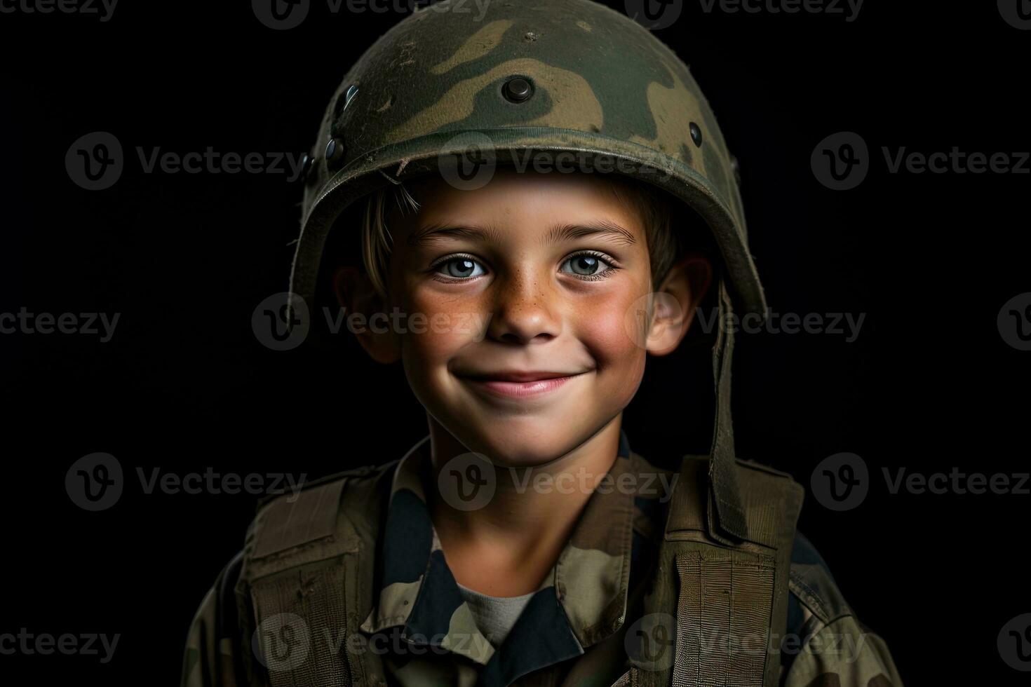 Portrait of a cute little boy in military uniform on dark background AI Generated photo