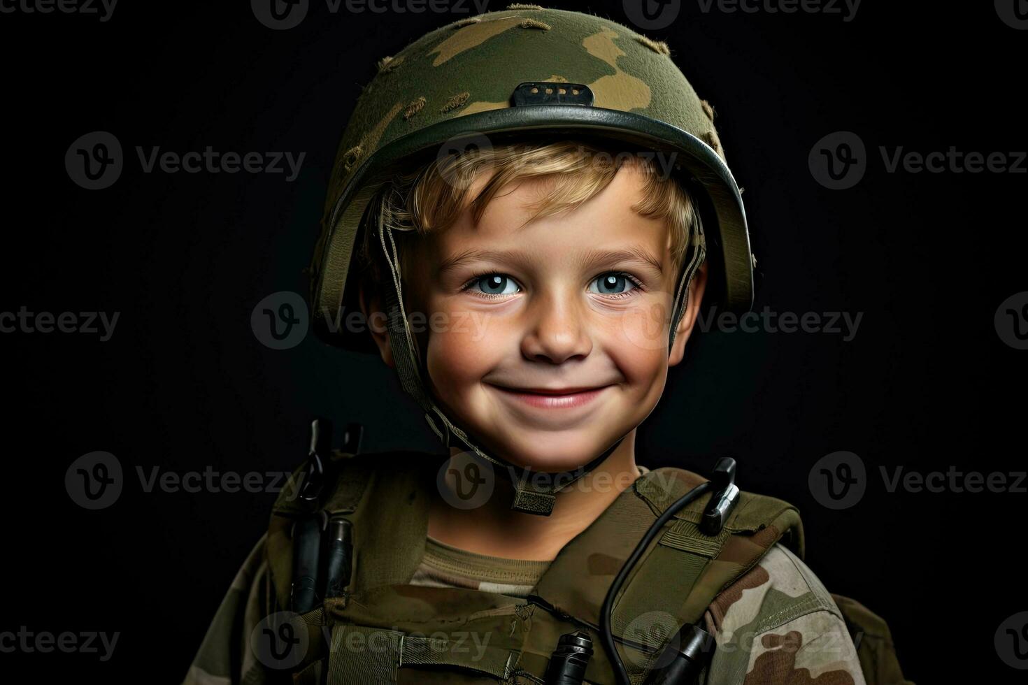 retrato de un linda pequeño chico en militar uniforme en oscuro antecedentes ai generado foto