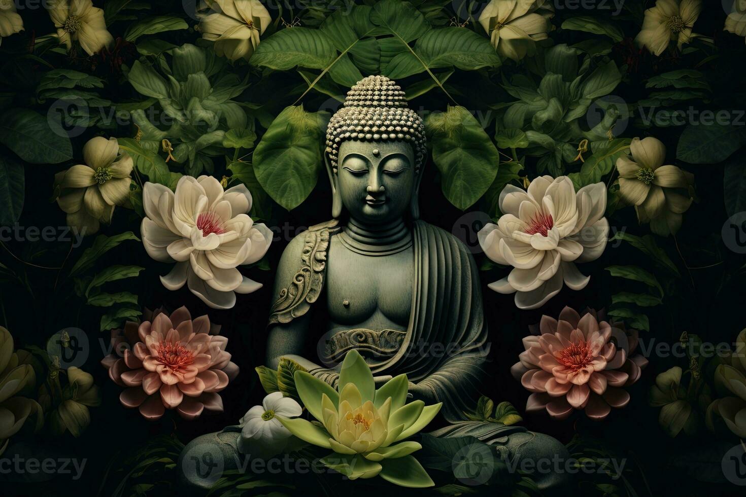 Buddha statue with lotus flower and green leaves background AI Generated photo