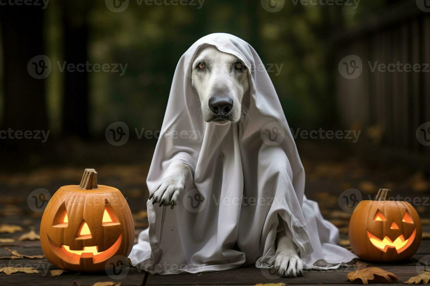 Halloween theme. dog in ghost costume with pumpkins on dark background AI Generated photo