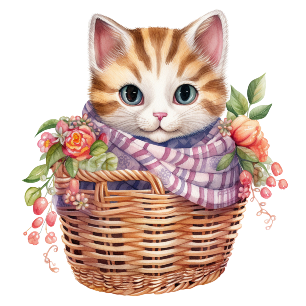 AI Generative cute chubby cat with scarf on basket with beautiful flower png