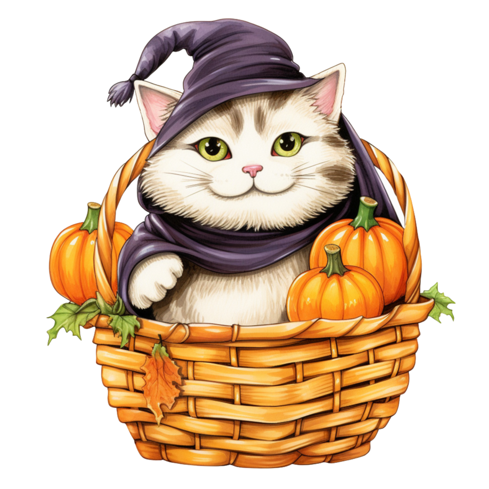 AI Generative cute chubby cat with scarf on basket Halloween festival png