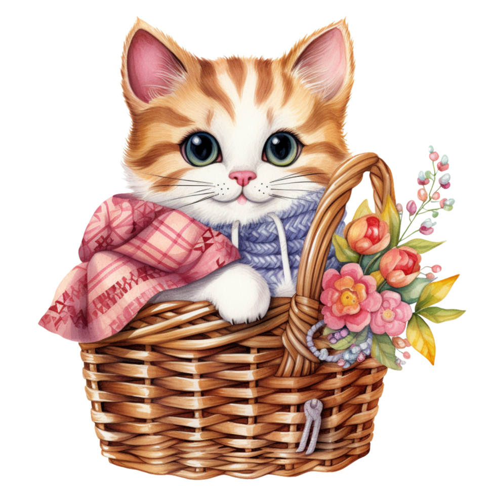 ai generativo fofa gordo gato com cachecol em cesta com lindo flor png