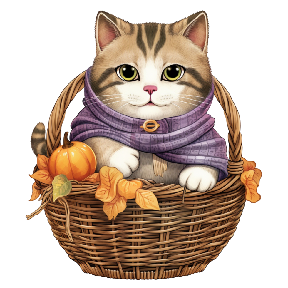 AI Generative cute chubby cat with scarf on basket Halloween festival png