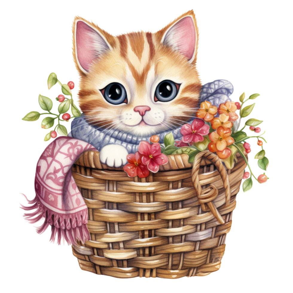 ai generativo fofa gordo gato com cachecol em cesta com lindo flor png