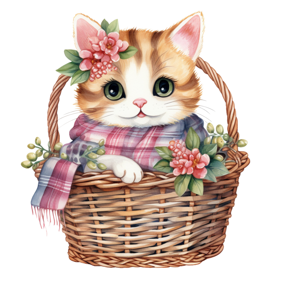 ai generativo fofa gordo gato com cachecol em cesta com lindo flor png