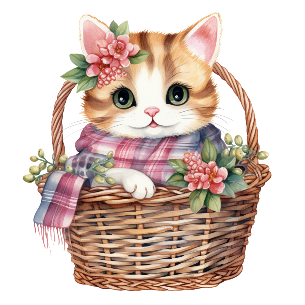 AI Generative cute chubby cat with scarf on basket with beautiful flower png