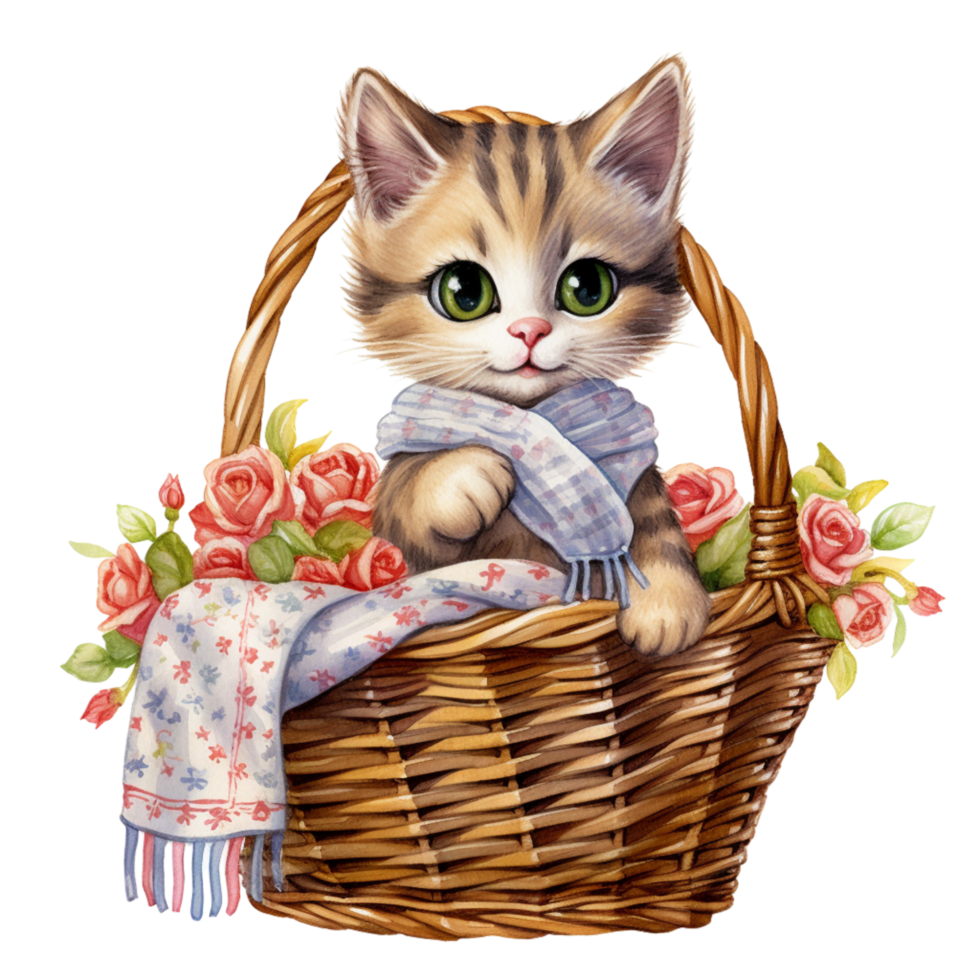 AI Generative cute chubby cat with scarf on basket with beautiful flower png