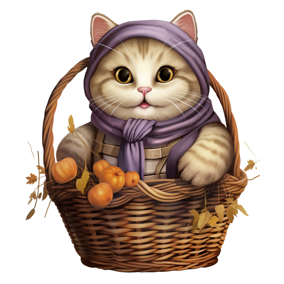 ai génératif mignonne joufflu chat avec écharpe sur panier Halloween Festival png