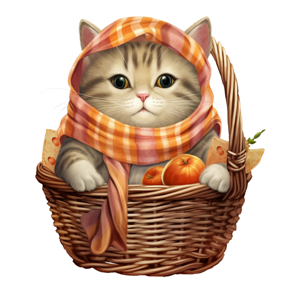 AI Generative cute chubby cat with scarf on basket Halloween festival png