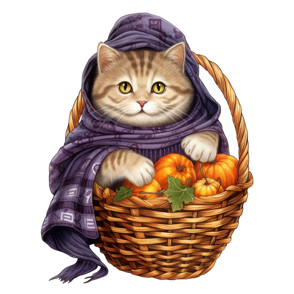 AI Generative cute chubby cat with scarf on basket Halloween festival png