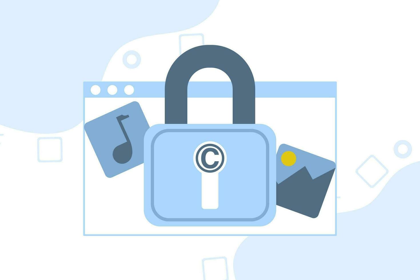 Concept of protecting your copyright. Copyright, intellectual property. Legislation, private property. Poster or banner for website. Flat vector illustration on a white background.