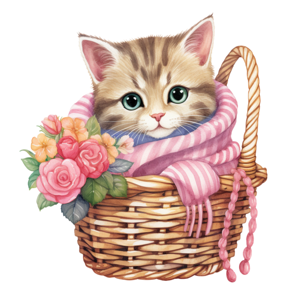 AI Generative cute chubby cat with scarf on basket with beautiful flower png