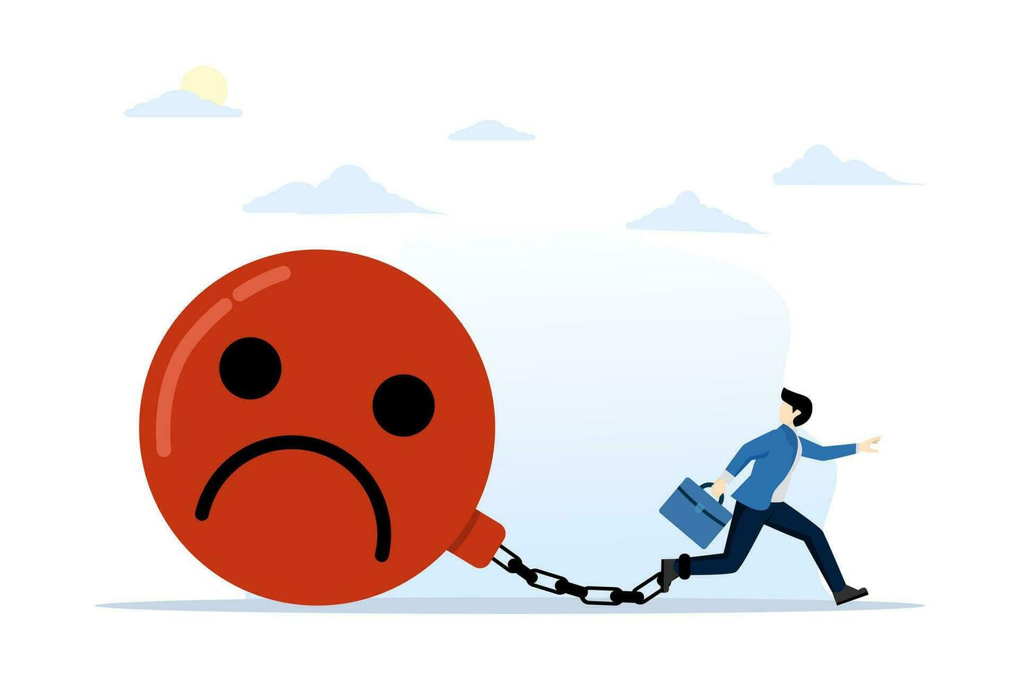 stress burden concept, anxiety or negative thinking, anger or emotional cause problem, mental health or depression, overworked or overwhelmed, depressed businessman chain with sad face burden. vector