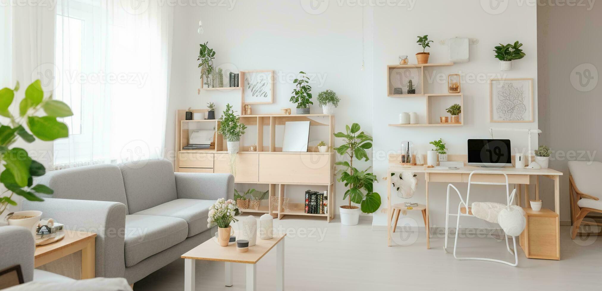 White open space flat interior with grey sofa, wooden cupboards with plants and decor, study corner desk with empty computer screen photo