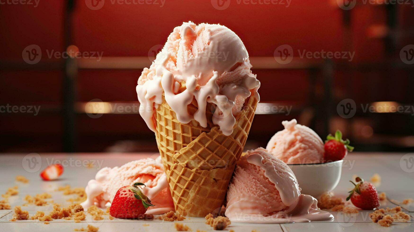 Close up of fresh tasty ice cream in a cone. Generative AI photo