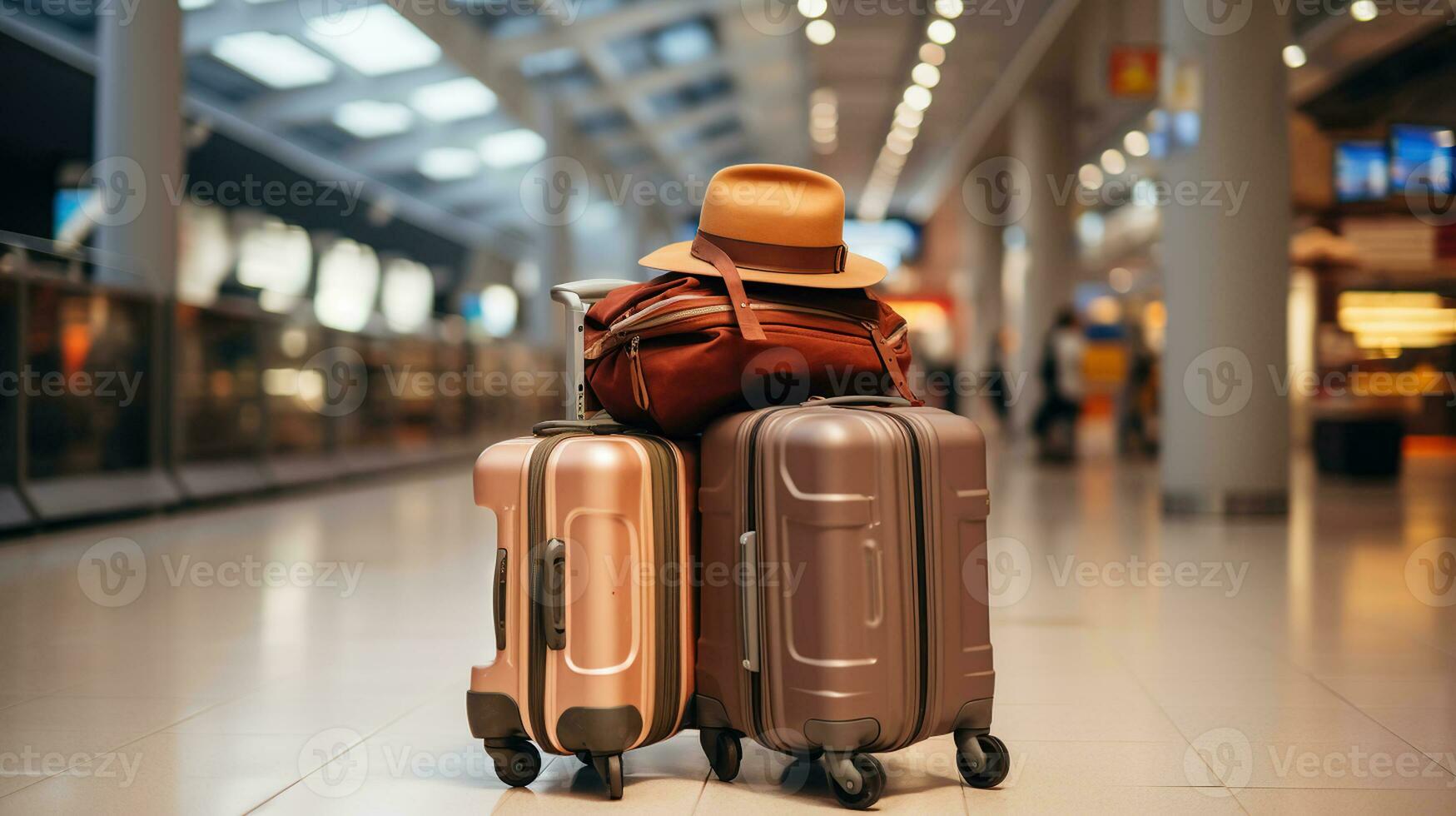 Trolley with suitcases and hat in airport terminal. Generative AI photo
