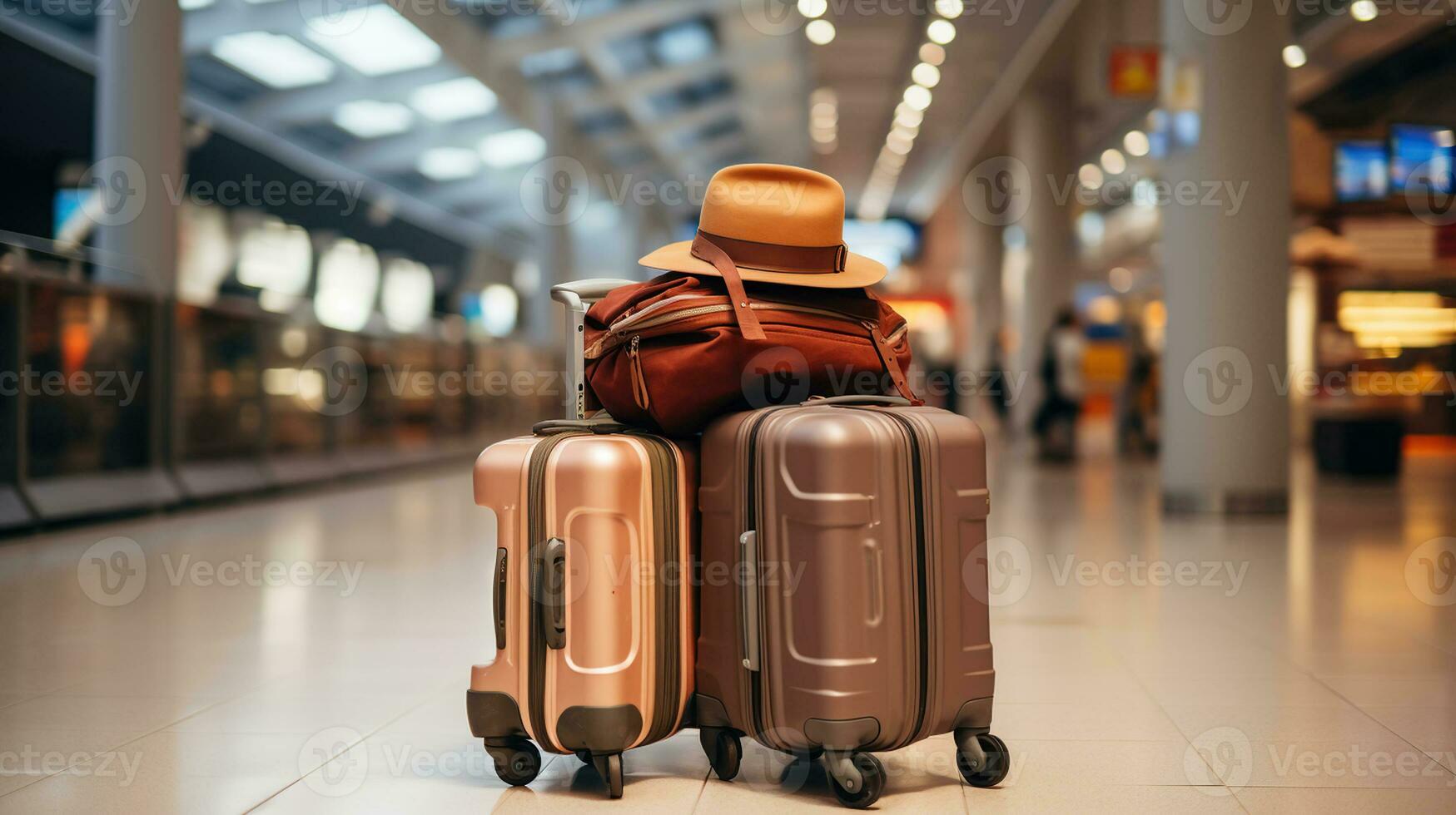 carretilla con maletas y sombrero en aeropuerto Terminal. generativo ai foto