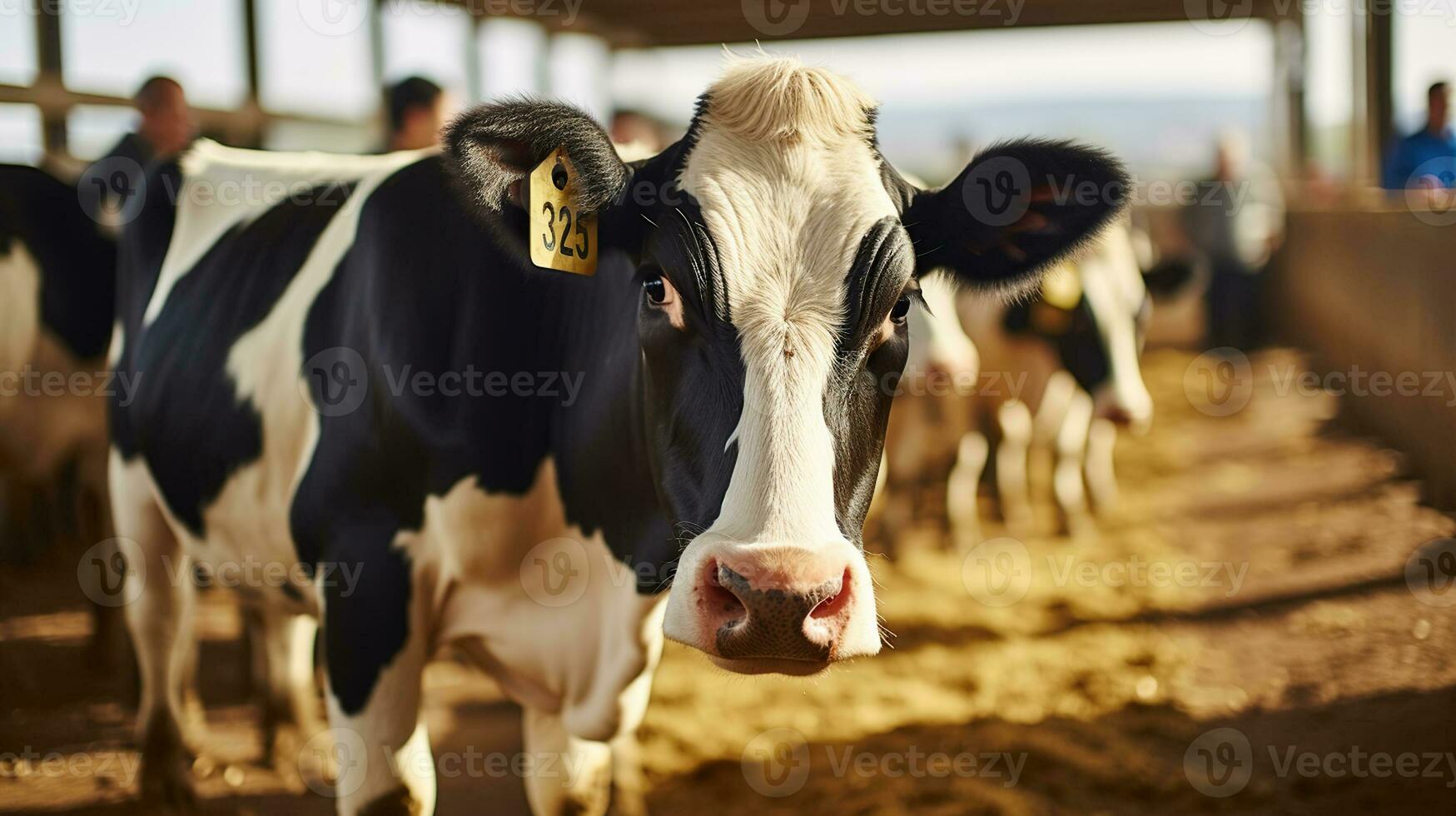 Young Farm Tending to Numbered Cows in Pastoral Setting. Agriculture and modern cow farm concept photo