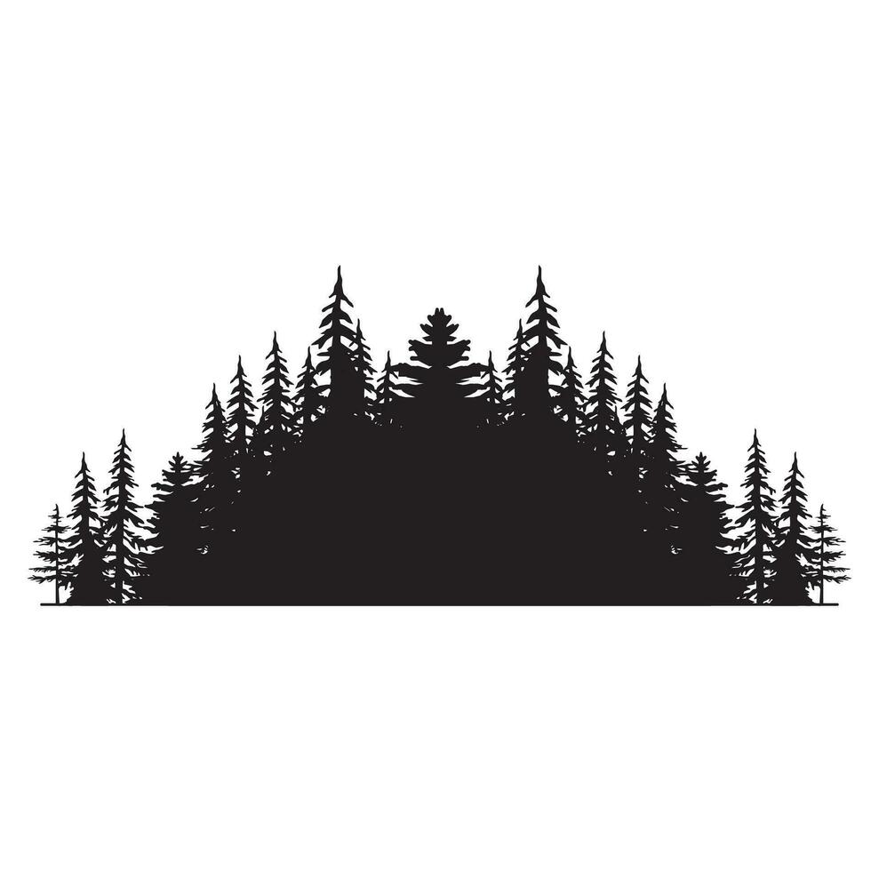 Pine tree silhouettes. Evergreen forest firs and spruces black shapes, wild nature trees templates. Vector illustration woodland trees set on white background