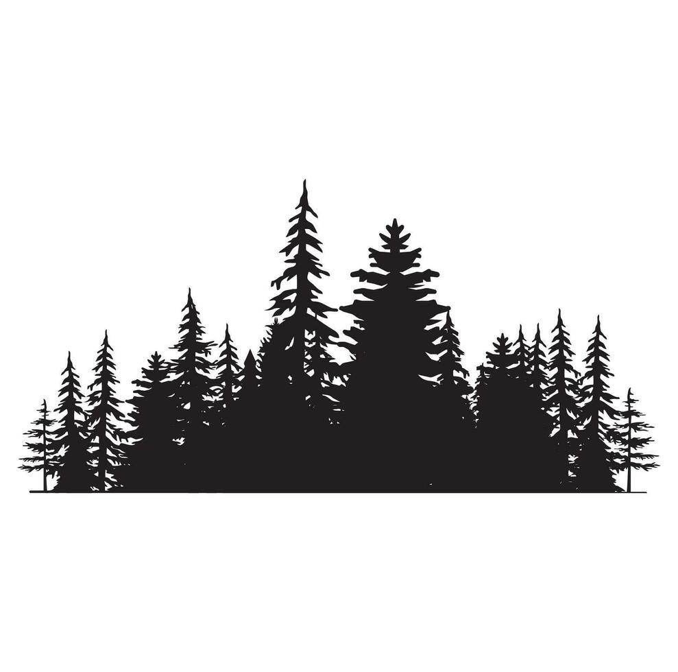 Pine tree silhouettes. Evergreen forest firs and spruces black shapes, wild nature trees templates. Vector illustration woodland trees set on white background