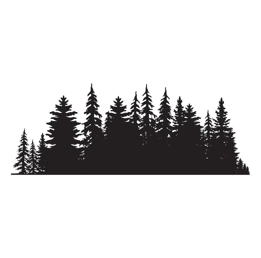 Pine tree silhouettes. Evergreen forest firs and spruces black shapes, wild nature trees templates. Vector illustration woodland trees set on white background