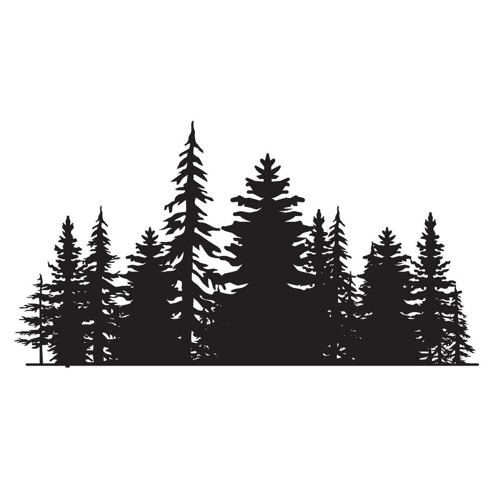 Pine tree silhouettes. Evergreen forest firs and spruces black shapes, wild nature trees templates. Vector illustration woodland trees set on white background