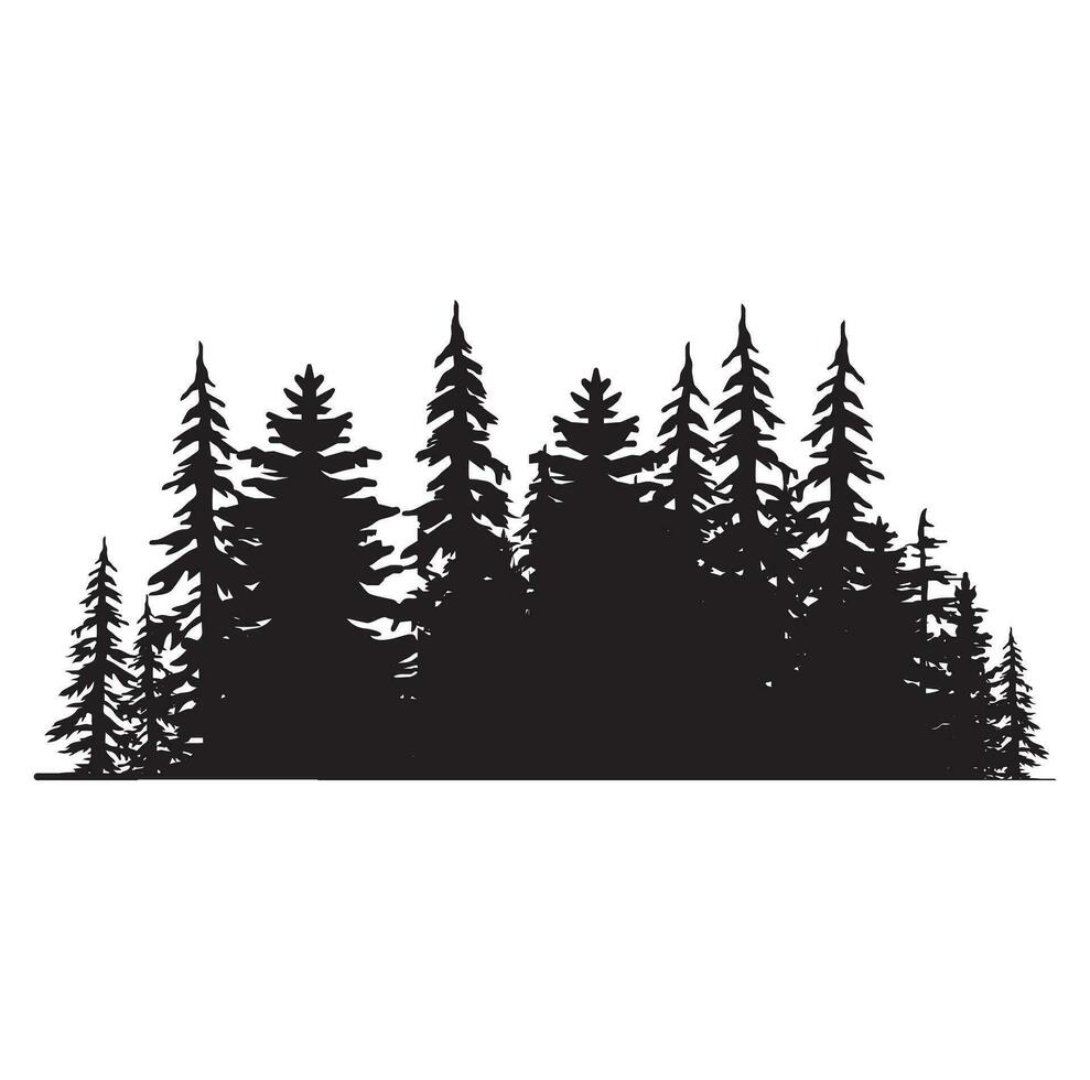 Pine tree silhouettes. Evergreen forest firs and spruces black shapes, wild nature trees templates. Vector illustration woodland trees set on white background