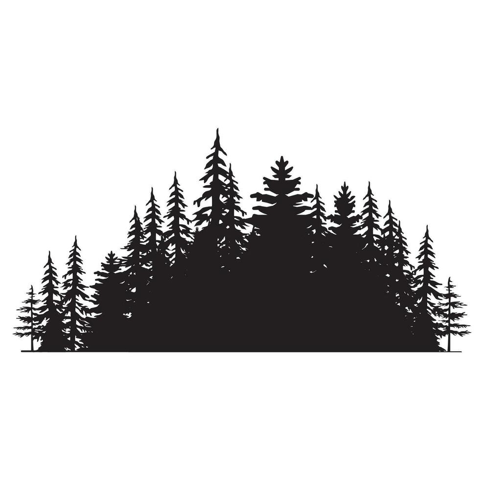 Pine tree silhouettes. Evergreen forest firs and spruces black shapes, wild nature trees templates. Vector illustration woodland trees set on white background