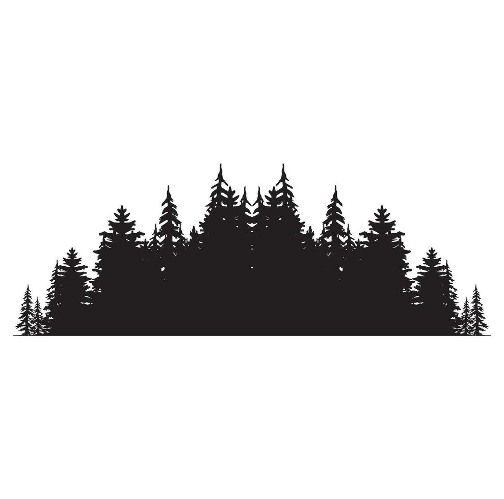 Pine tree silhouettes. Evergreen forest firs and spruces black shapes, wild nature trees templates. Vector illustration woodland trees set on white background