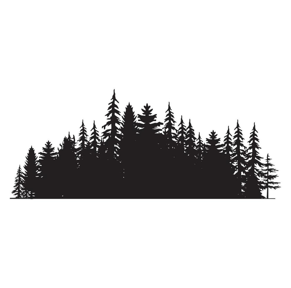 Pine tree silhouettes. Evergreen forest firs and spruces black shapes, wild nature trees templates. Vector illustration woodland trees set on white background