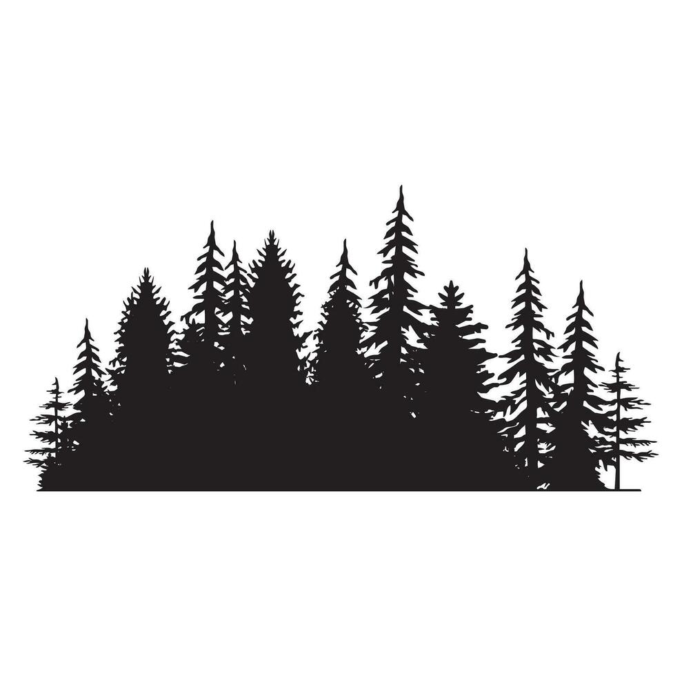Pine tree silhouettes. Evergreen forest firs and spruces black shapes, wild nature trees templates. Vector illustration woodland trees set on white background