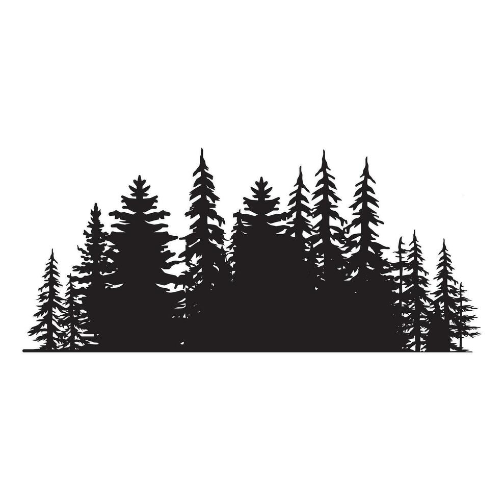 Pine tree silhouettes. Evergreen forest firs and spruces black shapes, wild nature trees templates. Vector illustration woodland trees set on white background