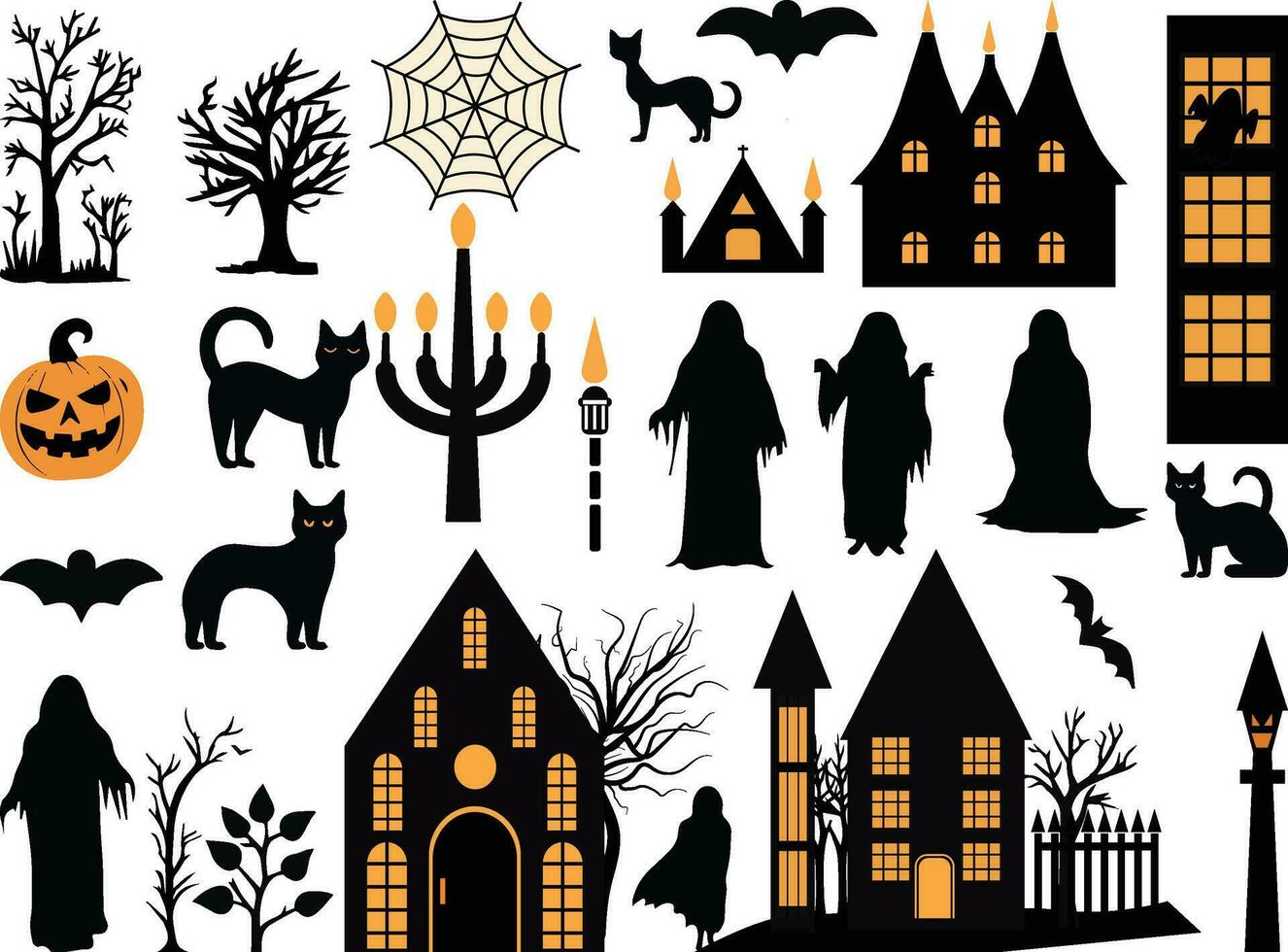 Halloween collection ,Halloween set in black and orange colour includes bet, black cat, ghost, Halloween tree, and haunted house. vector