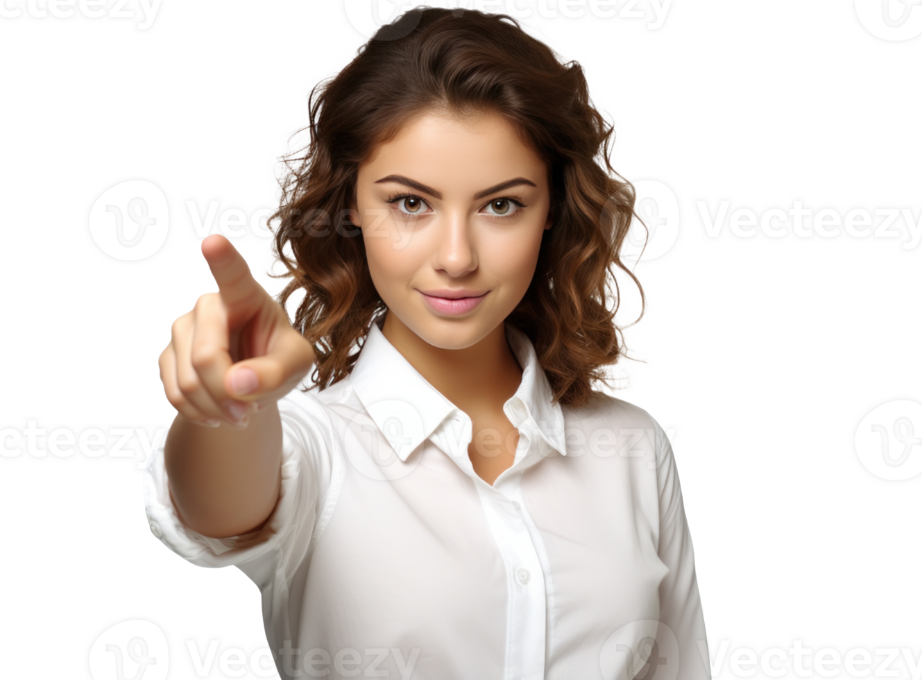 Young girl looking at camera while pointing her finger png