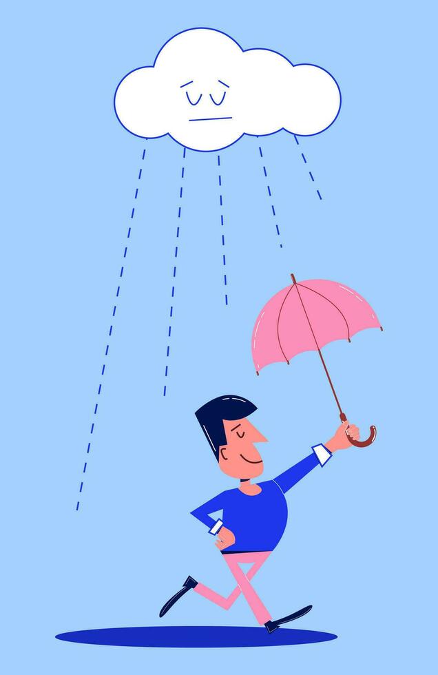 Man character with umbrella in retro style. Aesthetics of the 60s, 70s. Cute, cartoon guy character. Vector vintage illustration of a man.