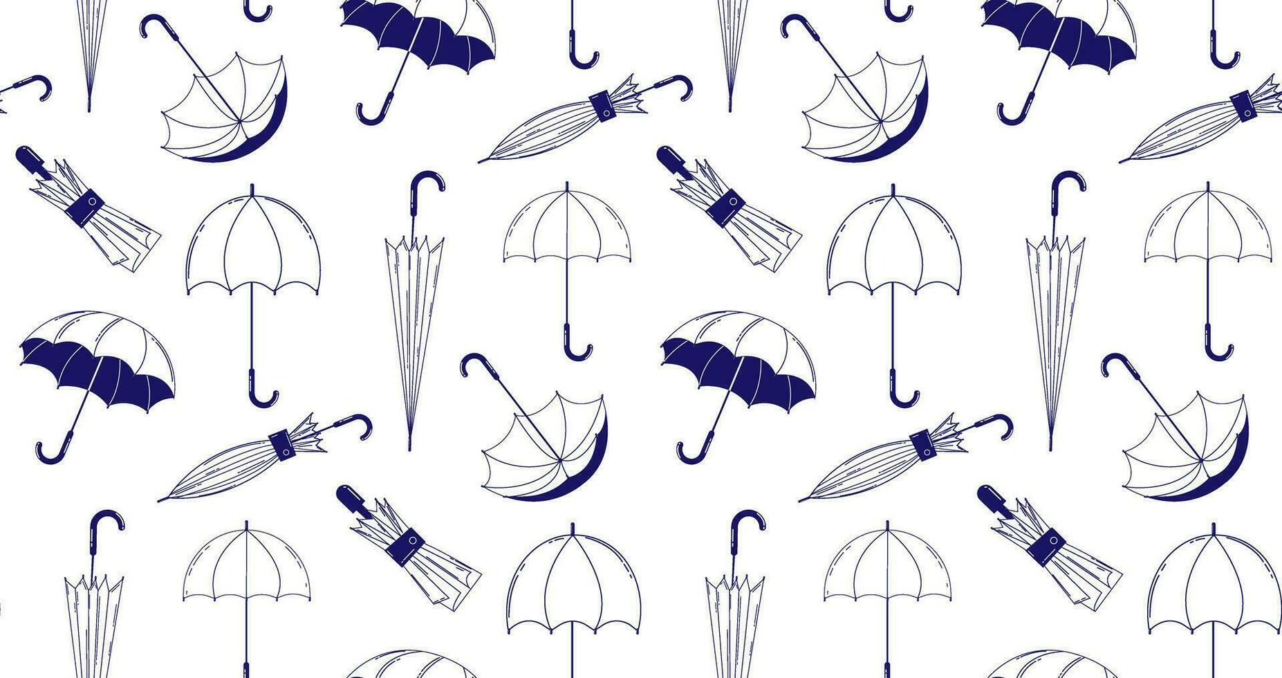 Seamless pattern with umbrellas in outline style. Linear illustration of umbrellas in different positions and different shapes. Vector linear illustration on a white isolated background.