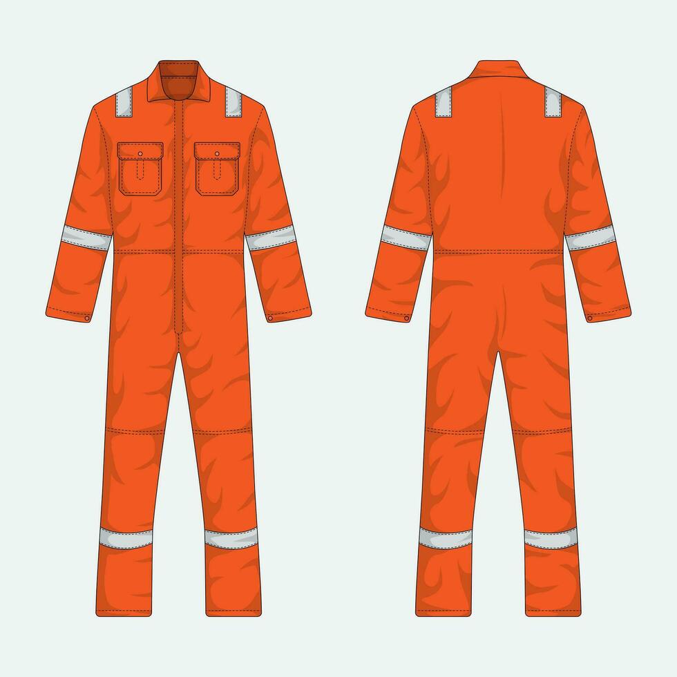 orange coverall workwear mockup front and back view. vector illustration