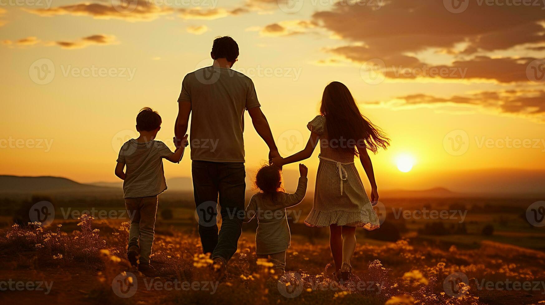 un de familia alegre reunión en el besado por el atardecer campo foto