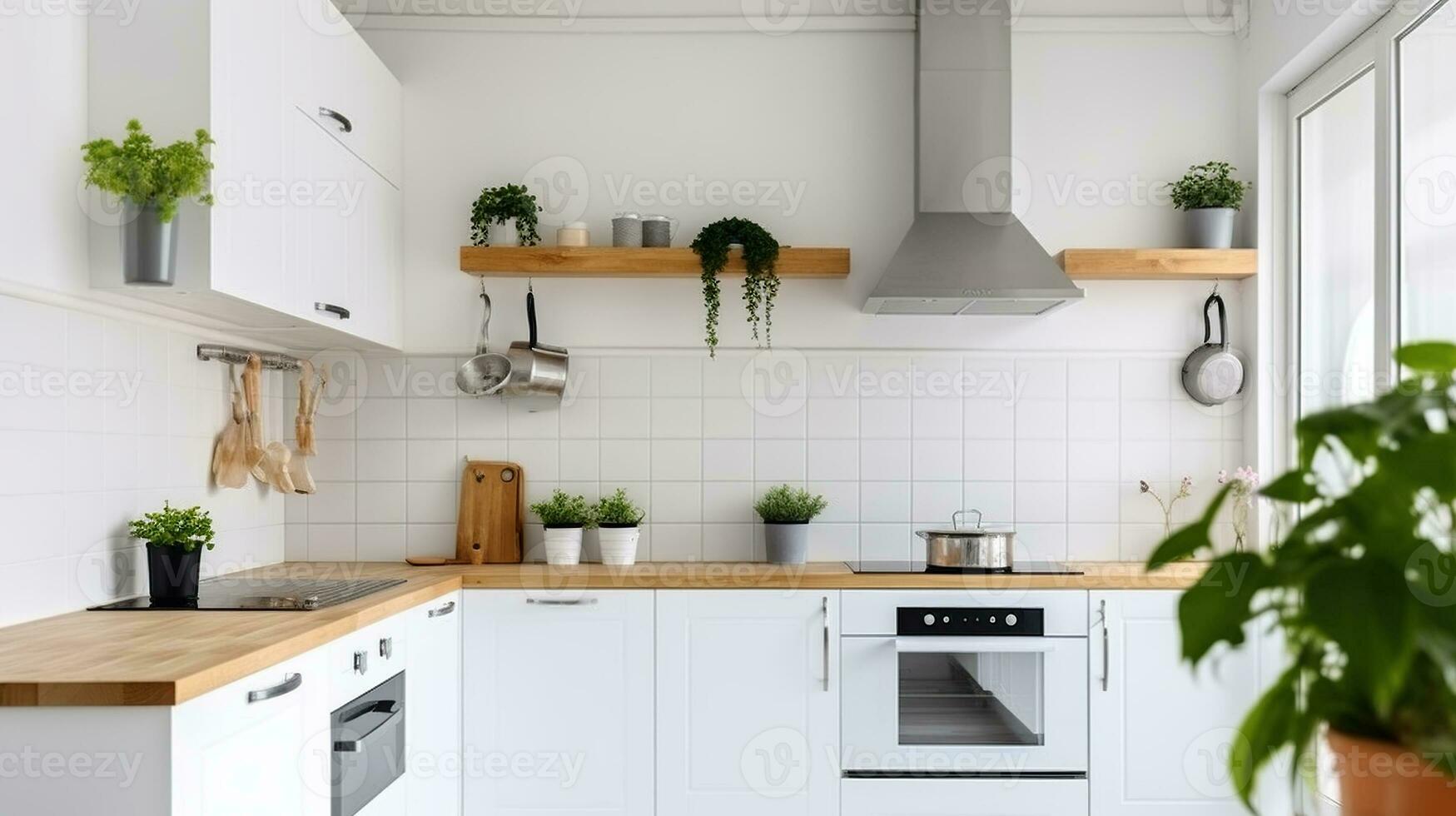 Sleek Elegance. Silver Cooker Hood in Minimalist White Kitchen with Natural Touches photo