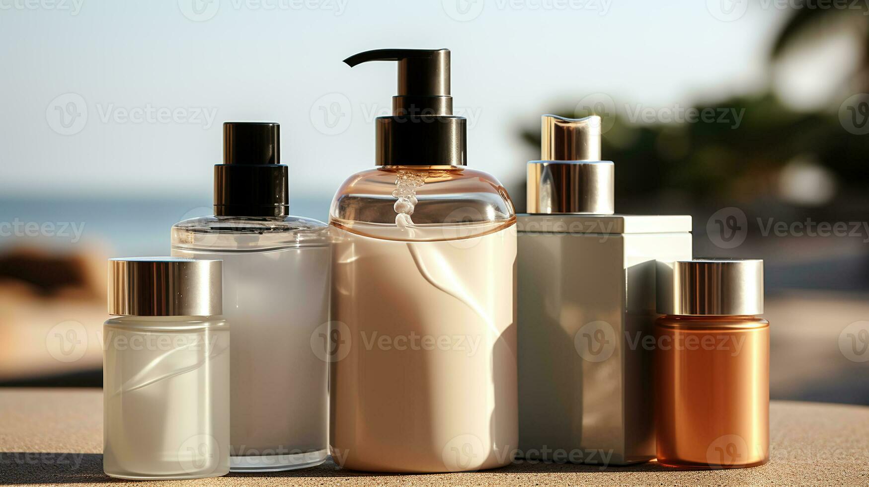Elegance in Harmony, Mockup of Perfume and Cream Bottles for a Luxurious Experience. Generative AI photo